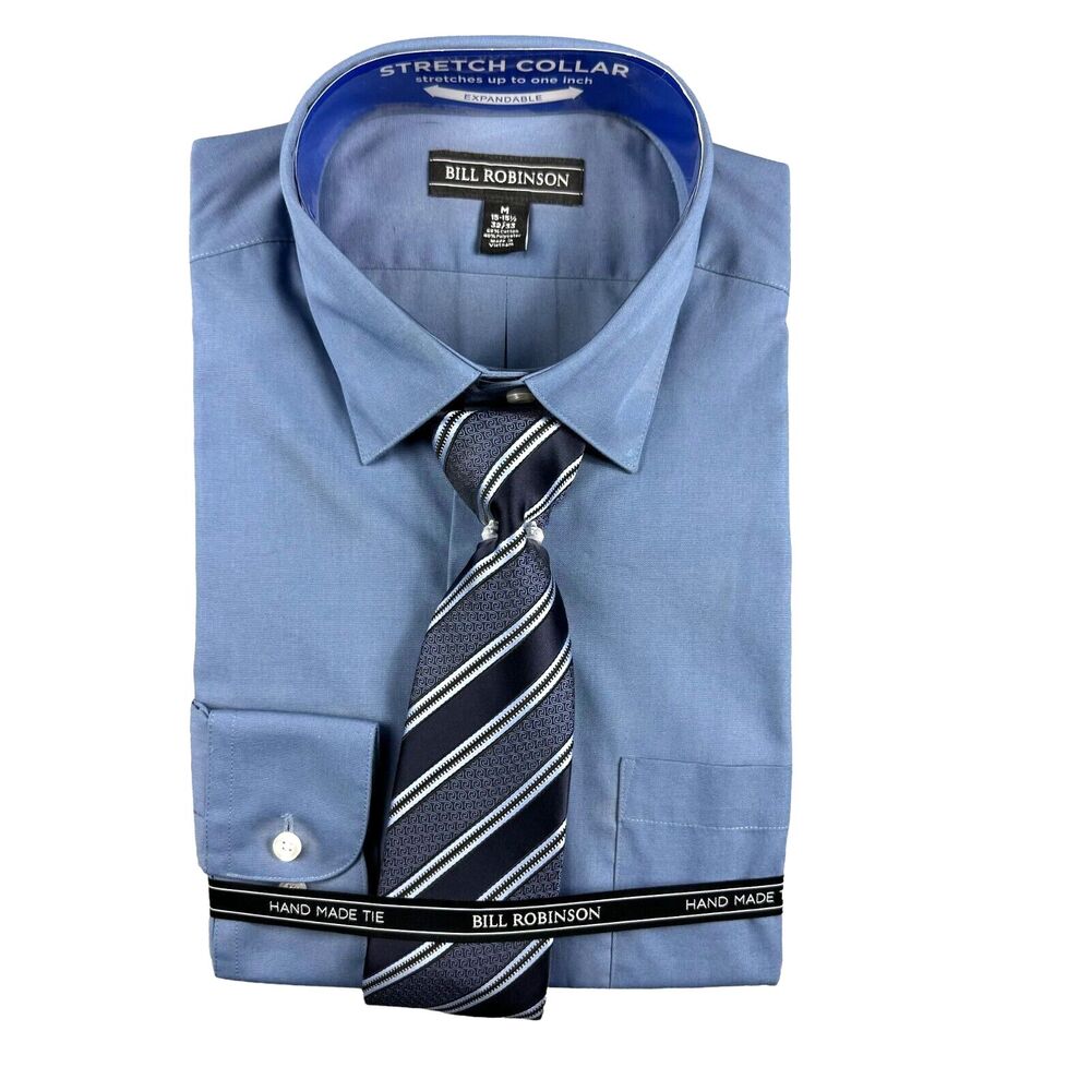 Bill Robinson Dress Shirt Men's Medium 15-15.5 32/33 Blue Stretch Collar Tie NWT